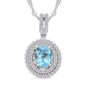 Blue Topaz and Simulated Diamond  Pendant Necklace in Silvertone 18 Inches